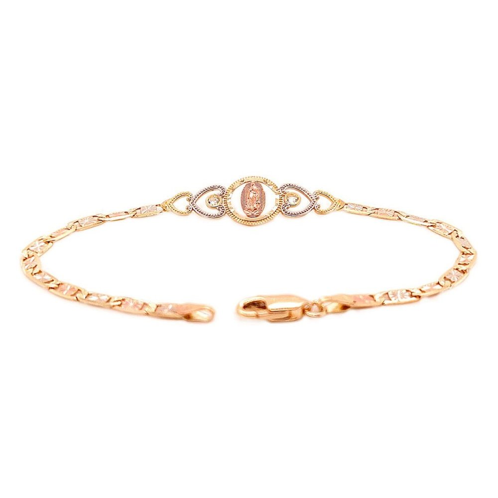 Guadalupe Lady Bracelet Flat Links CZ Tricolor Gold 14k